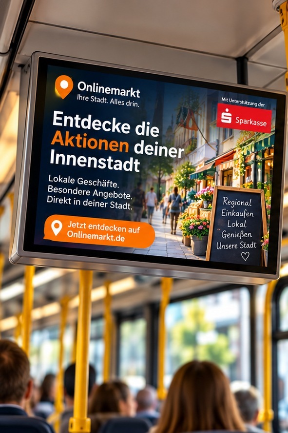 Fahrgastfernsehen mit Werbung für ein unabhängiges lokales Geschäft
